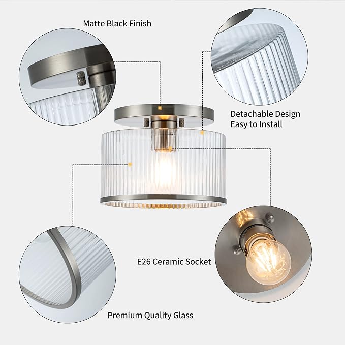 Zlepmlla Glass Ceiling Light, Clear Ribbed Glass Ceiling Light Fixture with Nickel Metal Frame, Modern Semi Flush Mount Ceiling Light for Hallway,Entryway, Bedroom, Bathroom, Kitchen