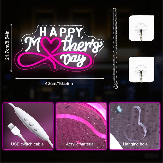 Happy Mother's Day Neon Sign Pink LED Mothers Signs Art Wall Decor in Home Room Bedroom Love Mom Neon LED Light Up Mother's Day for Mom Family in Birthday Party Gifts