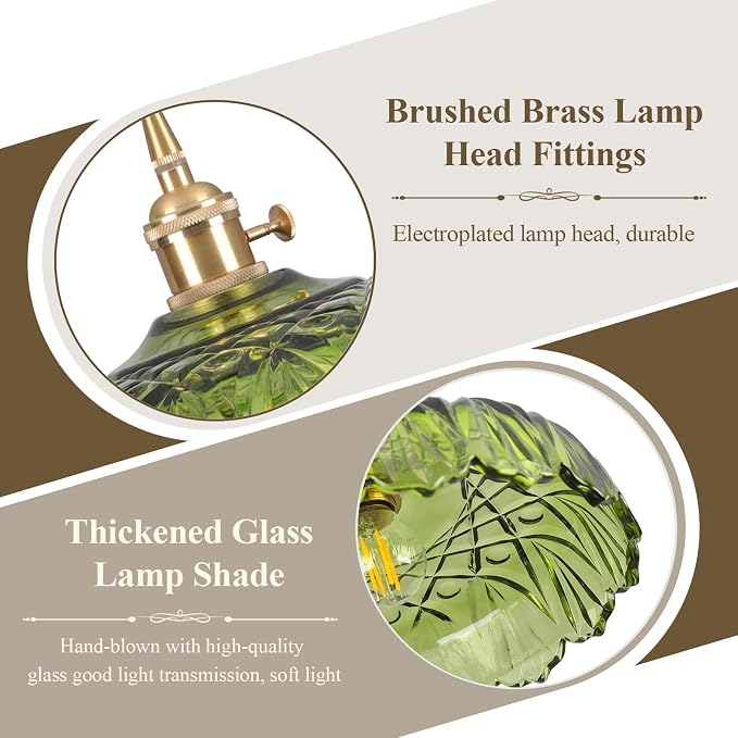 Plug in Pendant Light Fixtures,Green Glass Lampshade Pendant Lighting 9.4in E26 Hanging Light Fixture for Kitchen Island, Bedroom, Dining Room, Living Room