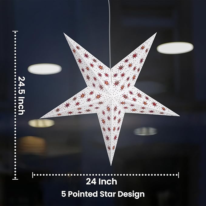 GalaxyArts 24 Inch White Paper Star Lantern - 3D Hanging Decoration Lamp with Red Star Pattern, Handcrafted for Christmas, Parties, Weddings, Indoor/Outdoor Décor