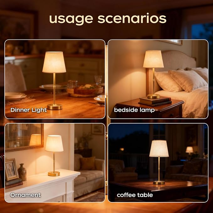 Cordless Table Lamp Rechargeable, 6000mAh Battery Operated LED Lamp with USB-C, Touch Control Stepless Dimmable Small Gold Fabric Lamp for Kitchen Counter, Small Spaces, Bedroom, Living Room 2PCS
