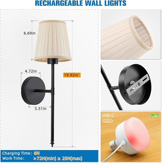 19.9 inch Battery Operated Wall Sconce Set of 2,Beige Black Rechargeable Wall Lights with 5200mAh Dimmable Bulbs and Remote,9 Colors Wireless Wall Lamps for Bedroom Living Room Decor