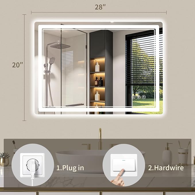 20"x28" LED Bathroom Mirror with Lights, Backlit + Front Lit, Anti-Fog, Lighted Bathroom Mirror for Wall, HD Shatterproof Tempered Glass, Dimmable, Memory Function (Horizontal/Vertical)