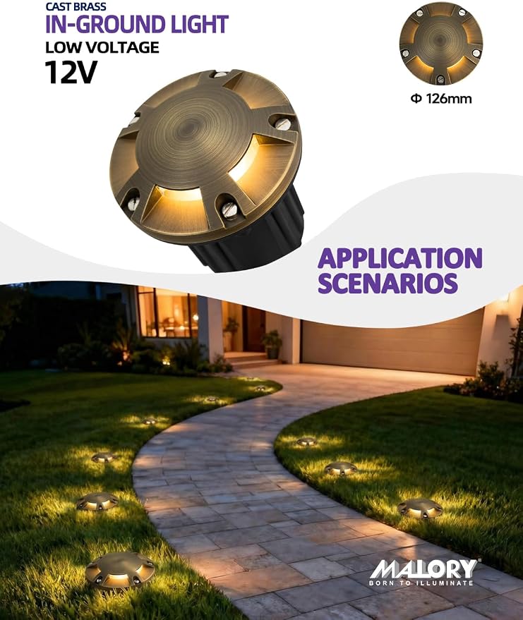MALORY Brass Top Cover Landscape Well Lights,(φ126 mm) 12V Low Voltage Outdoor In Ground Lights,Landscape Lighting for Pathway, Driveway, Garden (Five-Direction Turret, 4-Pack with Bulb)