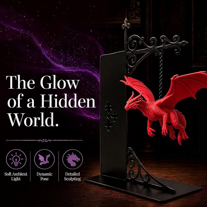 Magical Floating Dragon Bookshelf Lamp, Warm LED Dragon Night Light, Fantasy Reading Nook Decor, Unique Gift for Fantasy Lovers and Book Readers (red)