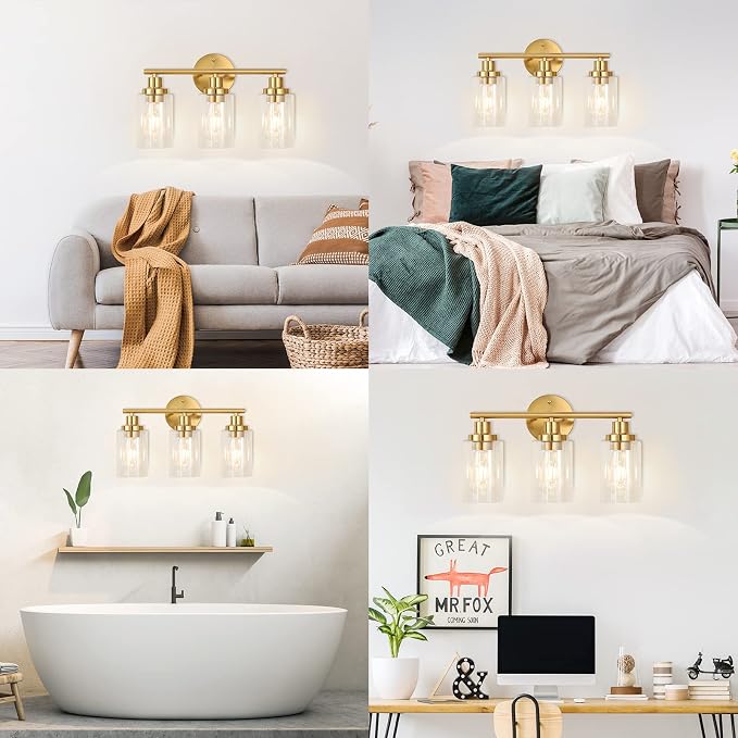 Brushed Brass Bathroom Wall Light Fixtures 3 Lights Vanity Wall Sconce with Clear Glass Shade Modern Farmhouse Wall Lamp for Bathroom Mirror Kitchen Living Room Workshop