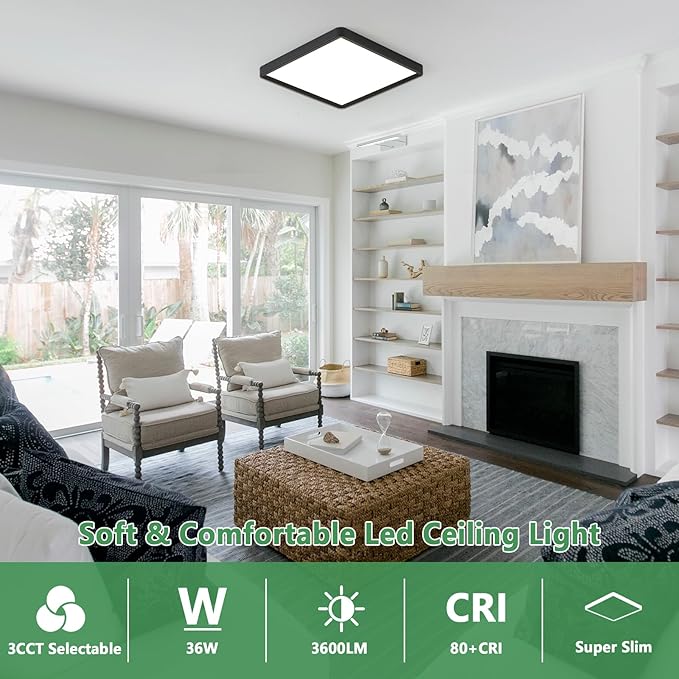 2PK 16 Inch Square LED Flush Mount Ceiling Light, 36W 3600LM, 3000K/4000K/6000K CCT Selectable, Super Slim Low Profile Ceiling Light Firxtue for Bedroom/Kitchen/Living room/Dinning room/Hallway, Black
