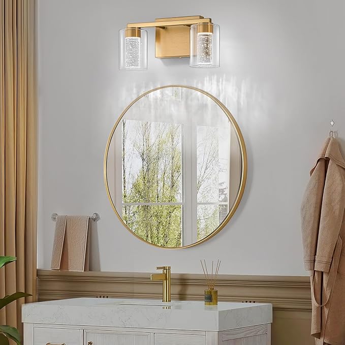 SineRise 2-Light Gold Vanity Light with 3 Color Modes (3000K/4000K/6000K), Eye Protection LED Bathroom Light Fixture, Dimmable Modern Wall Light Over Mirror with Clear Glass Shade