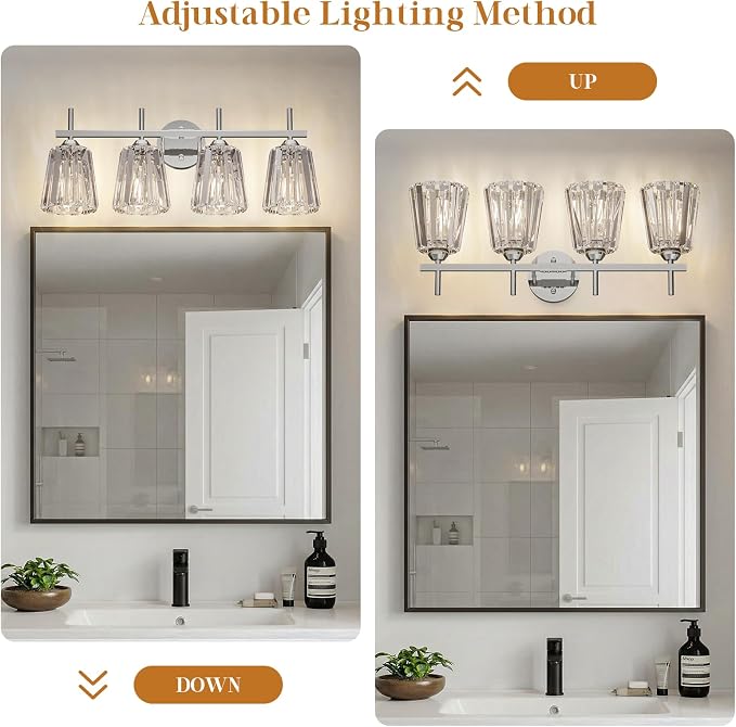 Crystal Bathroom Light Fixtures Over Mirror, Chrome 4-Light Bathroom Vanity Lights Over Mirror Modern Wall Lighting Sconces with Ceramic E26 Base (Bulbs Not Include)