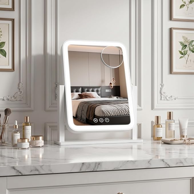Vanity Mirror with Lights 12.6"x 16.2", LED Makeup Mirror, 3 Color Lighting Modes, 10X Magnification, Smart Touch Control, Dimmable, Aluminum Metal Frame, Lighted Up for Vanity Desk (White)