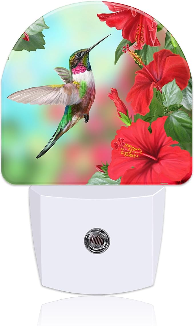 Hummingbird on Lossoming Red Flower Night Light Plug into Wall with Dusk to Dawn Sensor Cute Nightlight for Kid Girls Boys Women Men Room Decor, Hallway, Kitchen, Bathroom, Nursery, Stairs