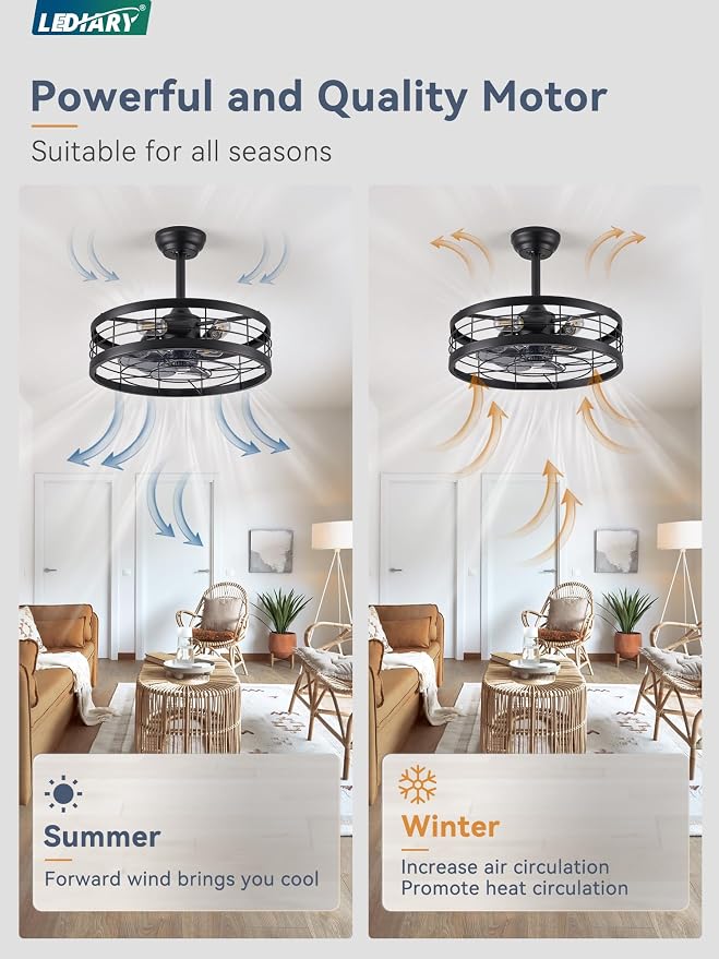 LEDIARY 20 inch Fandelier Caged Ceiling Fan with Light and Remote, Black | 6 Speed Adjustable,Timing, Quiet & Powerful DC, Small, Farmhouse, Industrial, Enclosed, Bladeless, Bedroom, Kitchen, Downrod