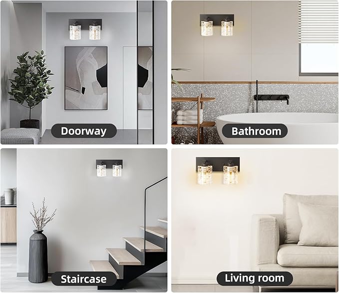 Matte Black Crystal Bathroom Vanity Light,2 Lights Modern Bathroom Wall Light,Over Mirror Light Fixtures for Living Room, Bedroom, Hallway