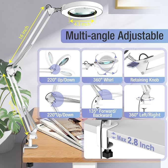 10X Magnifying Glass with Light and Clamp, Real Glass Stand Lighted Magnifier, 2*16 Arm 5 Color Modes Stepless Dimmable LED Desk Lamp Hands Free for Craft Hobby Reading Painting Close Work Large White
