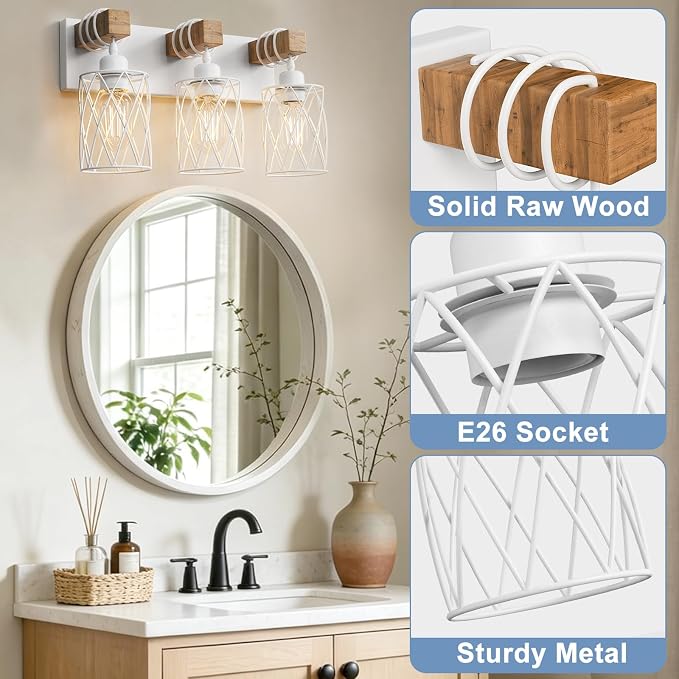 IZORRO Farmhouse Bathroom Vanity Light, 3-Light Wood Bathroom Light Fixtures Over Mirror, Matte White Industrial Vanity Lights with Metal Shade, Rustic Restroom Lighting Fixtures