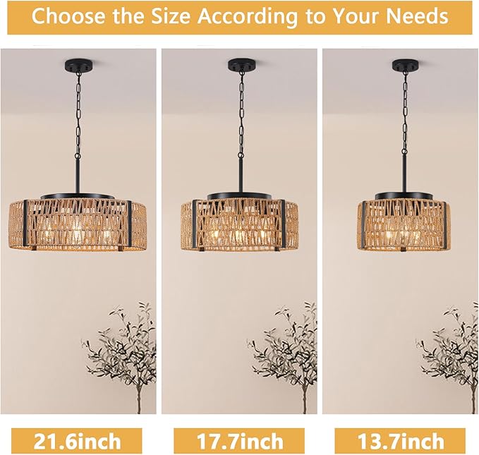 Boho Rattan Chandelier, 3-Light 13.7”Farmhouse Chandeliers Light Fixture with Rustic Wicker Rattan Pendant Light for Living Room,Kitchen Island Bedroom(E26 Bulbs Not Included)