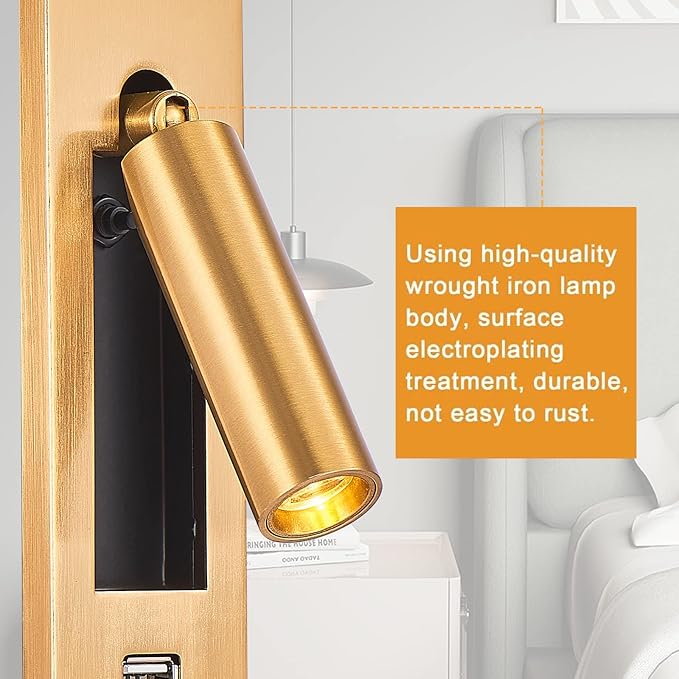 LED Wall Light Bedside Reading Light, with USB Portable Charging Port, Lift Down Control Switch,Hardwire Recessed Unplugged (Gold)