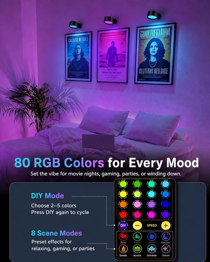 Rechargeable RGB Wall Sconces with Remote, Dimmable 360° Lights | 80 RGB Colors, 3 Color Temperatures, Remote and Touch Control, Ideal for Gaming Rooms and Bedrooms