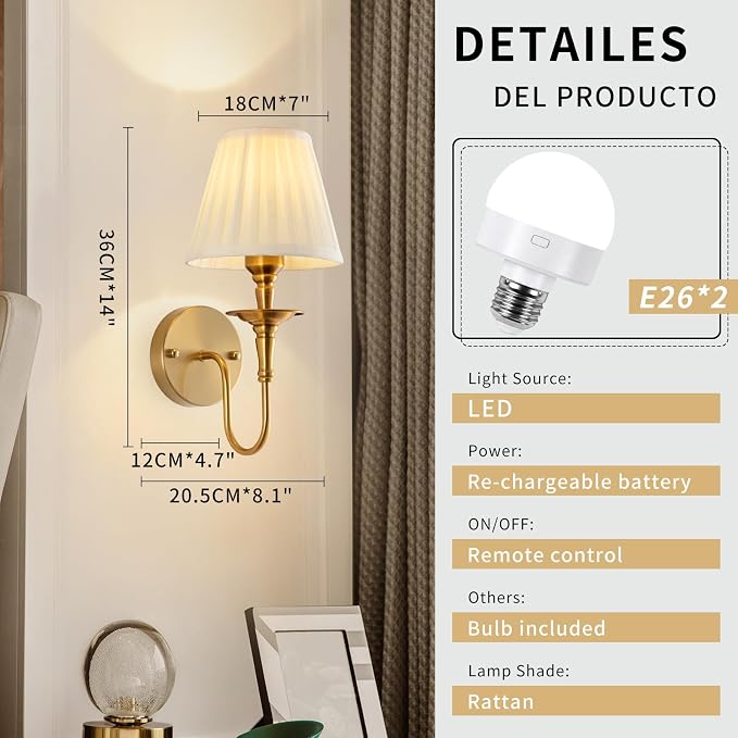 Vintage Wall Sconces, Wireless Wall Sconce Set of 2 with RGB Rechargeable Dimmable Bulbs, Brass-Color Battery Operated Wall Sconce with Remote for Bedroom, Living Room, Hallway