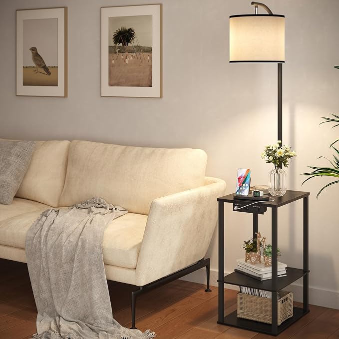 SUNMORY Floor Lamp with Table Shelves, End Side Table for Living Room | USB & AC Charging Stations, 3 Color Temperature 9W LED Bulb, Adjustable Shade, Modern Nightstand Lamps for Bedroom Office