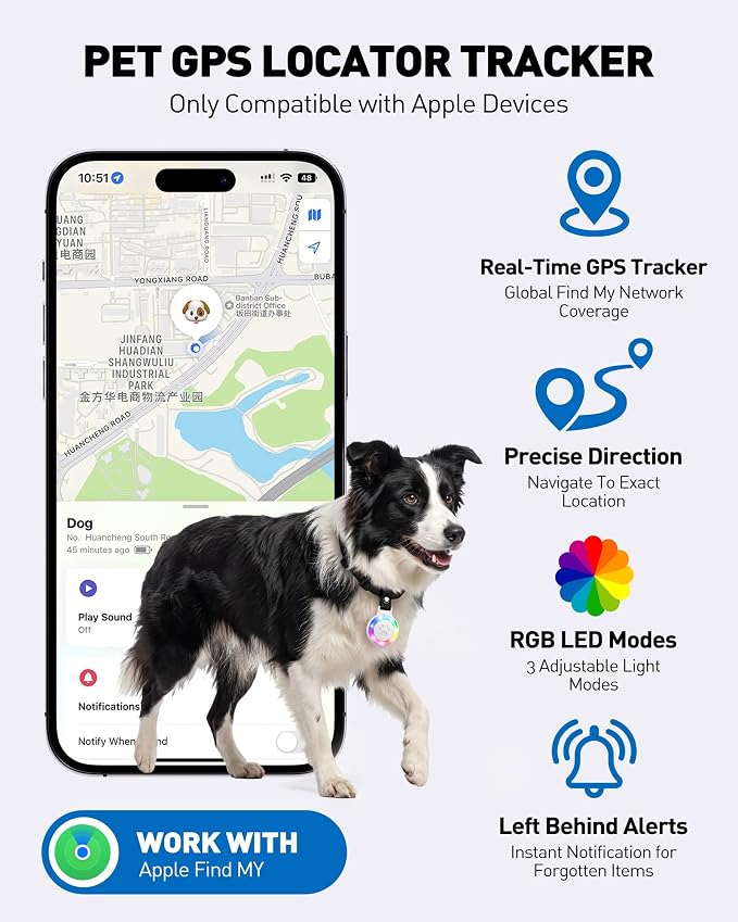 Pet Tracker for Cats and Dogs, Works with Apple Find My, No Monthly Fee | Compatible with iPhone,IPX7 Waterproof, RGB LED Night Light, Paw Print Design, 360-Day Battery, Lightweight Pet Collar Tag