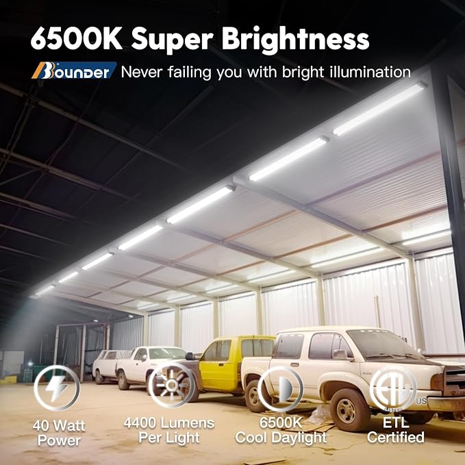BBOUNDER 12Pack 4FT LED Shop Light, Reflector, 6500K Linkable, 40W=250W ETL | 4400LM, Surface or Hanging Mount, 48 Inch Utility Super Bright Shop Lights for Garage Workshop Car Detailing & DIYers, Black