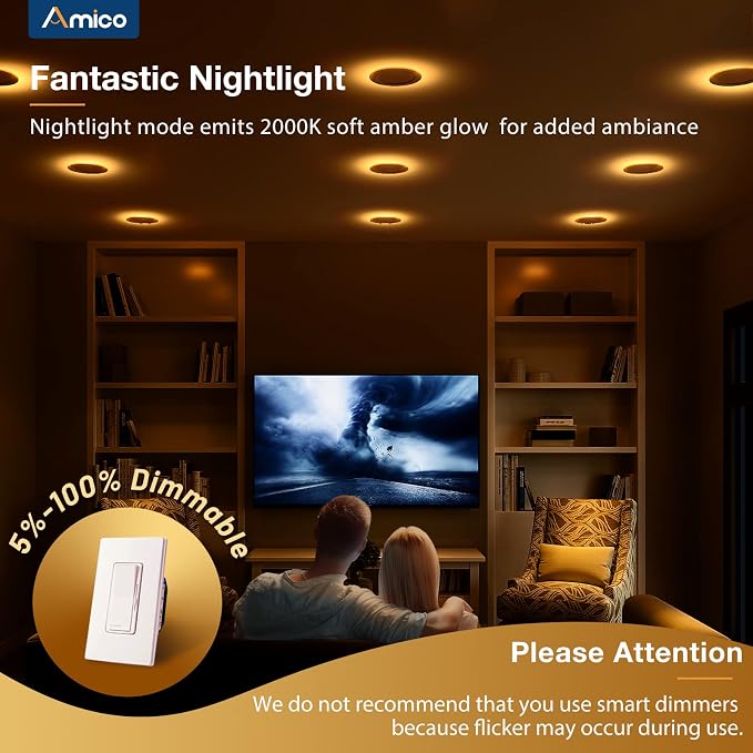 Amico 48 Pack 4 Inch LED Recessed Light with Night Light, 5CCT, 700LM | 5%-100% Dimmable, 2700K-5000K, No Flicker & Noise, Canless Wafer Downlight with Junction Box, 10W Eqv 60W, IC/ETL/FCC, White