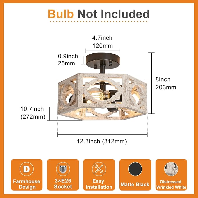 Farmhouse Semi Flush Mount Ceiling Light,Distressed White Hexagon Rustic Carved Wood Fixture for Kitchen Bedroom Hallway Dining Room Entryway,Close to Ceiling Light Fixtures,3-Light