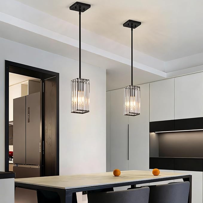 Modern Crystal Pendant Lights Kitchen Island, 2-Pack Black Hanging Light with Crystal Shade, Adjustable Height Pendant Lighting for Kitchen Island Dining Room Bedroom Bar Entryway