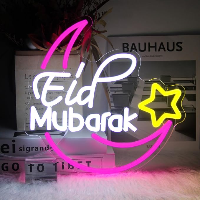 Eid Mubarak Neon Sign Islamic LED Lights for Wall Mosque Eid Al Adha Decor | Eid Al Fitr Supply, Ramadan Mubarak Decoration, Dimmable Moon Star Neon Light, Muslim LED Sign, Acrylic Wall Art, USB Powered