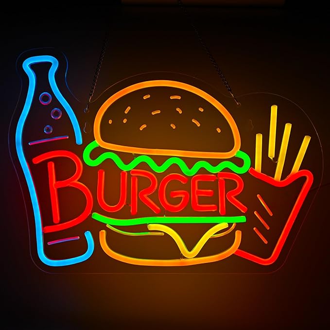Burger & Fries Neon Sign - Retro Dimmable Fast Food LED Light, Restaurant & Dining Room Wall Decor, Snack Bar Sign, Hamburgers Party Decorations