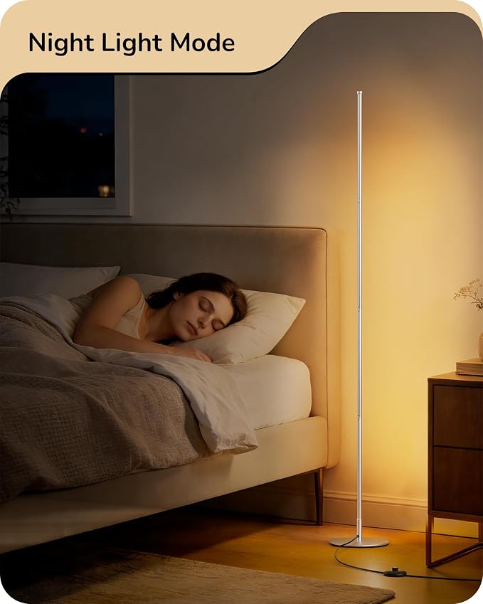 EDISHINE 59.8" Corner Lamp with Remote & 3 Height Settings, Dimmable & 3CCT | Adjustable Color Temperature, Foot Switch, Metal Base, Slim Floor Lamps for Living Room, Bedroom, Study, Silver