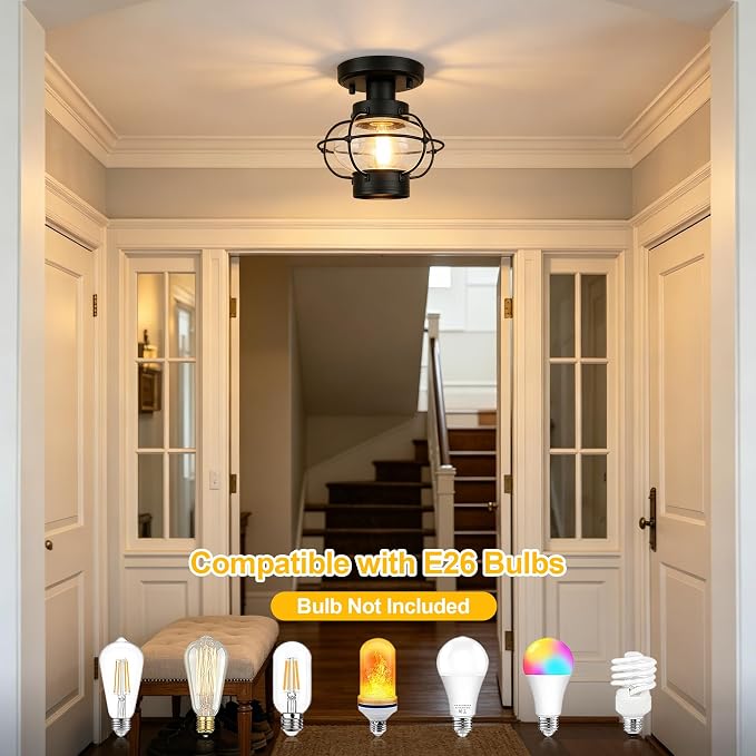 Porch Ceiling Light, Farmhouse Industrial Flush Mount, Glass Globe E26 | Indoor & outdoor use. For hallway, bedroom, balcony, stairway. Sturdy metal, hardware included, easy install.