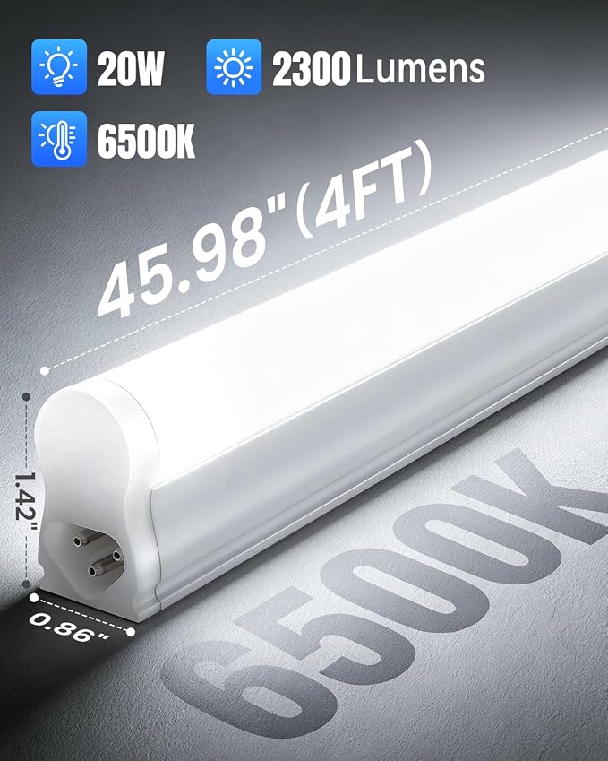 (4 Pack) 4FT T5 LED Shop Light,6500K,20W,2300LM(Super Bright White) Linkable LED Integrated Fixture,Garage Ceiling and Cabinet Light,Strip Light,Corded Electric with ON/Off Switch