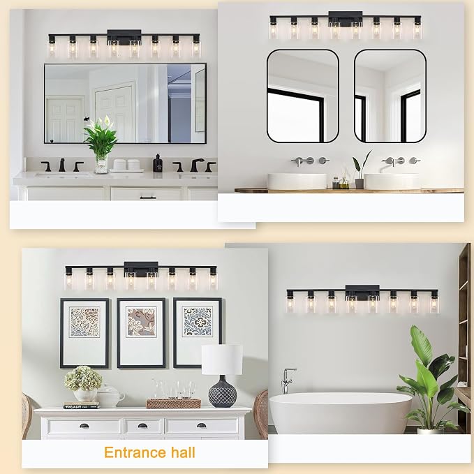 8 Light Bathroom Vanity Light Black Vanity Light Fixtures Bathroom Lights Fixtures Over Mirror Large Wall Lights with Clear Glass Shade for Bedroom Living Room Makeup