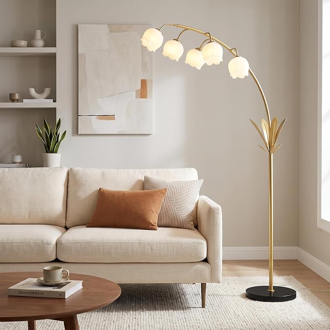 HMVPL Gold Floor Lamp for Living Room, Flower Floor Lamp with 5 G9 LED Bulbs, Foot Switch, Arc Tall Lamp with Acrylic Shade, Marble Base, Mid Century Standing Lamp for Living Room Corner Bedroom Home