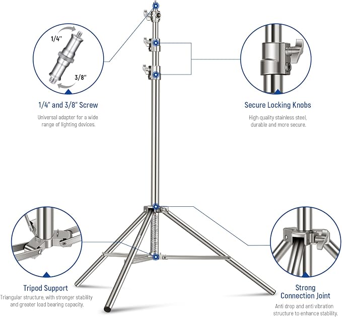 NEEWER 7.2ft/2.2m Stainless Steel Light Stand, Spring Cushioned Heavy Duty Photography Tripod Stand with 1/4” to 3/8” Screw Adapter for Strobe,LED Video Light,Ring Light, Monolight, Softbox | Photography Tripod Stand, 1/4" to 3/8" Screw Adapter, for St...
