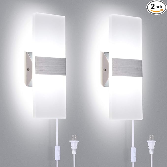 TRLIFE Modern Wall Sconces Set of 2, Wall Sconce Plug in 12W LED 6000K Cool White Acrylic Wall Mounted Light Wall Lights with 6FT Plug in Cord for Bedroom Bedside Stairway(2 Pack, Silver)