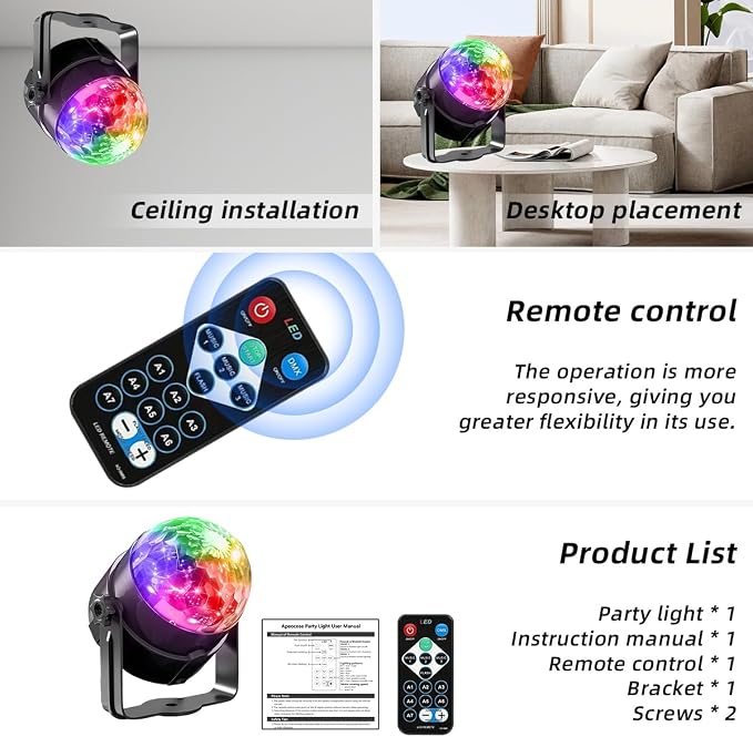 2-Piece Party Lights, Voice Controlled with Remote Control | Disco Ball Lights, DJ Strobe Lamp, Wedding Bars, KTV Karaoke/New Year's Eve Halloween Christmas Decorations. ﻿