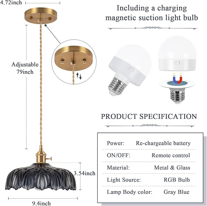 Battery Operated Pendant Light,Vintage Light Fixtures RGB Light Gray Blue 2500mAh 9.4in Modern Chandelier with Remote Control Wireless Adjustable Rechargeable Chandelier for Kitchen Island 1Light