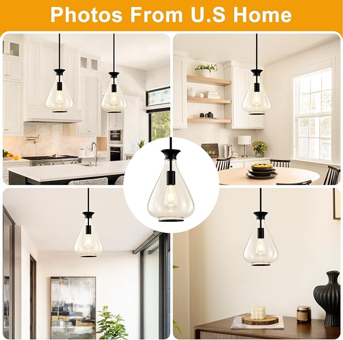 2 Pack Modern Pendant Lights Kitchen Island, Matte Black Pendant Light Fixtures with 8.5" Clear Air Bubble Glass Shade,Industrial Hanging Pendant Lights Fixture for Kitchen Island Dining Room Entryway