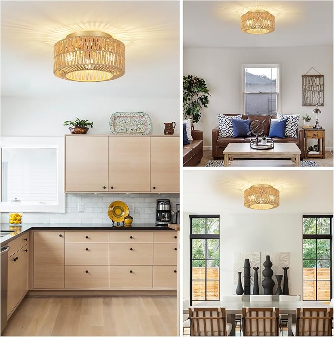 PAUFUL Boho Light Fixtures, 3-Light Farmhouse Rattan Ceiling Light, Flush Mount with Hand-Woven Shade, Modern Chandelier for Living, Bedroom, Entryway, Kitchen, Nursery