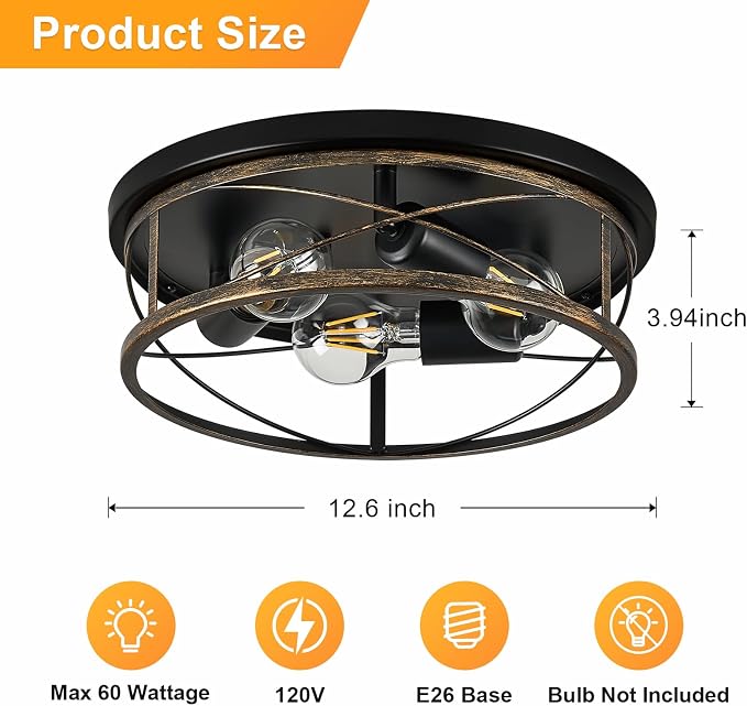 Farmhouse Light Fixtures, Rustic Black Round Metal Flush Mount Ceiling Light, 3-Light Cage Ceiling Lamp for Kitchen, Foyer, Bedroom, Hallway（Bulbs Not Included）