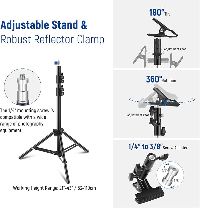 NEEWER 43"/110cm Light Reflector Kit, 5 in 1 Collapsible Round Reflector (Translucent/Silver/Gold/White/Black), Metal Clamp and 21"-43”/53-110cm Short Stand for Low Angle Studio Photography | Foldable, Translucent/Silver/Gold/White/Black, Metal Clamp, ...