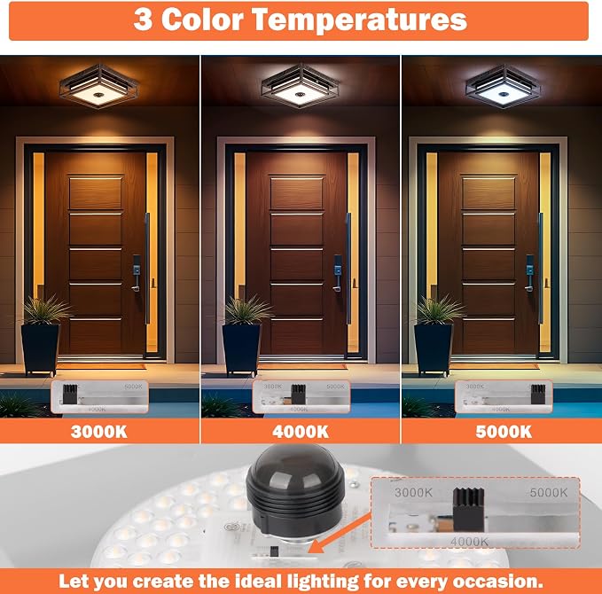 LED Motion Sensor Outdoor Ceiling Light Dusk to Dawn Black Brushed Gold | 10.5", Square, Flush Mount, Adjustable Color, Modern, Waterproof, for Exterior Porch Garage Entryway Patio