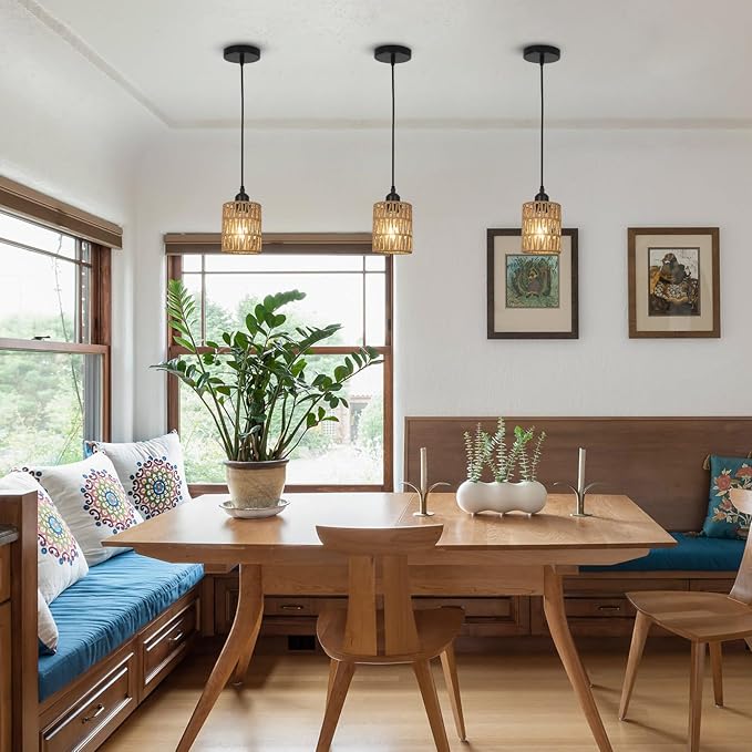 3 Pack Rattan Pendant Lights Kitchen Island, Farmhouse Pendant Lighting with Hand Woven Wicker Shade, Boho Chandelier Light Fixtures Ceiling Hanging for Dining Room Bedroom Foyer Hallway
