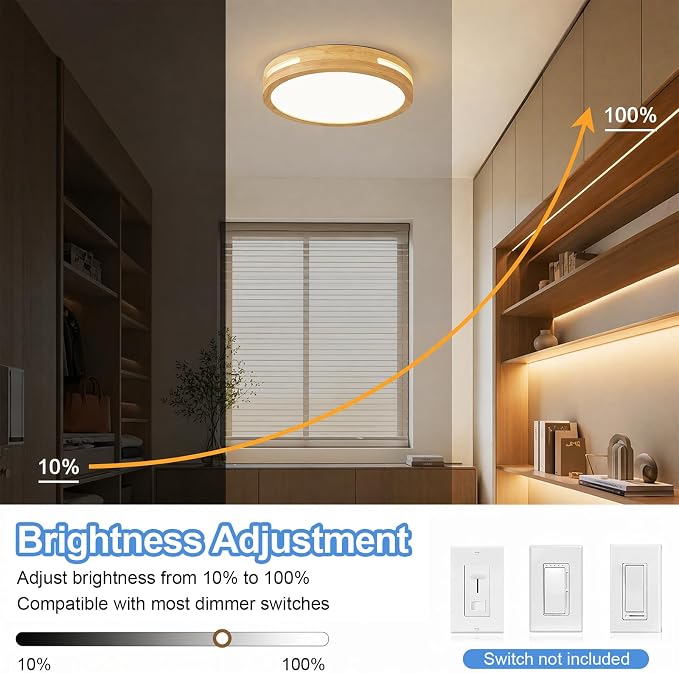 Pevfah Modern Wood Flush Mount Ceiling Light, Round Dimmable Close to Ceiling Lighting Fixtures, Minimalist LED Ceiling Lamp for Bedroom, Kitchen, Hallway, Laundry Room, 2700K-6000K 5CCT, 11.81in