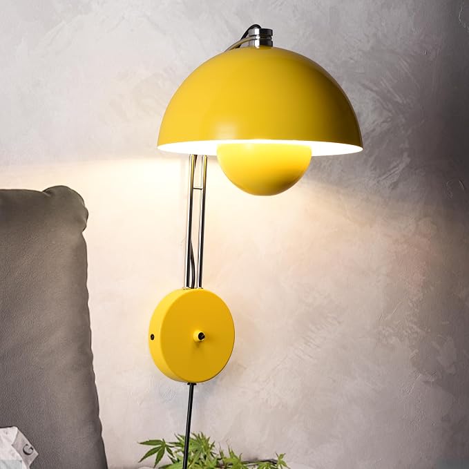 Mid-Century Modern Bud Plug in Wall Sconces for Bedroom, Lemon Yellow | Indirect lighting reading wall lamp, all-metal construction, plug-in or hardwired install, fits bedroom bedside, living room