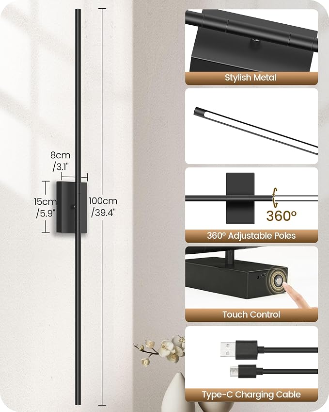39.4" Wireless Wall Sconces Battery Operated Set of 2, Rechargeable Lamps with Remote, 360° Rotation, 10000mAh, Touch Dimmable Lights for Bedroom, Living Room, Hallway, Black B07YBP205