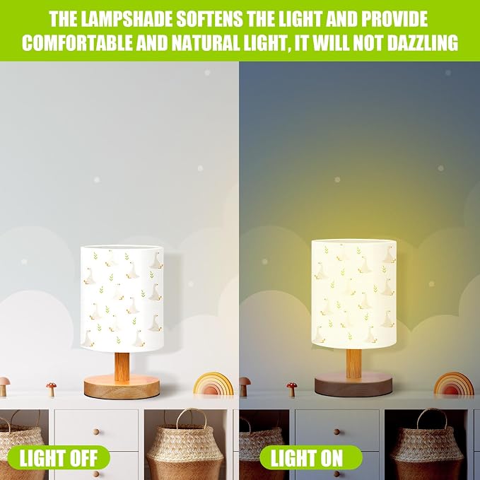 Silly Goose Kids Table Lamp for Bedroom Kids Bedside Lamp with Linen Wooden Nightstand Cartoon Nursery Lampshade for Girls Boys Living Room